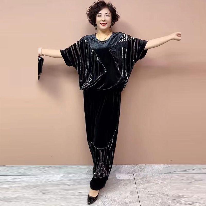 2pcs Pants Suit Women's Embroidery Flocking Plus-size Velvet Blouse High-waist Velvet Harem Pants Two-piece Set Sprint Autumn Outfits
