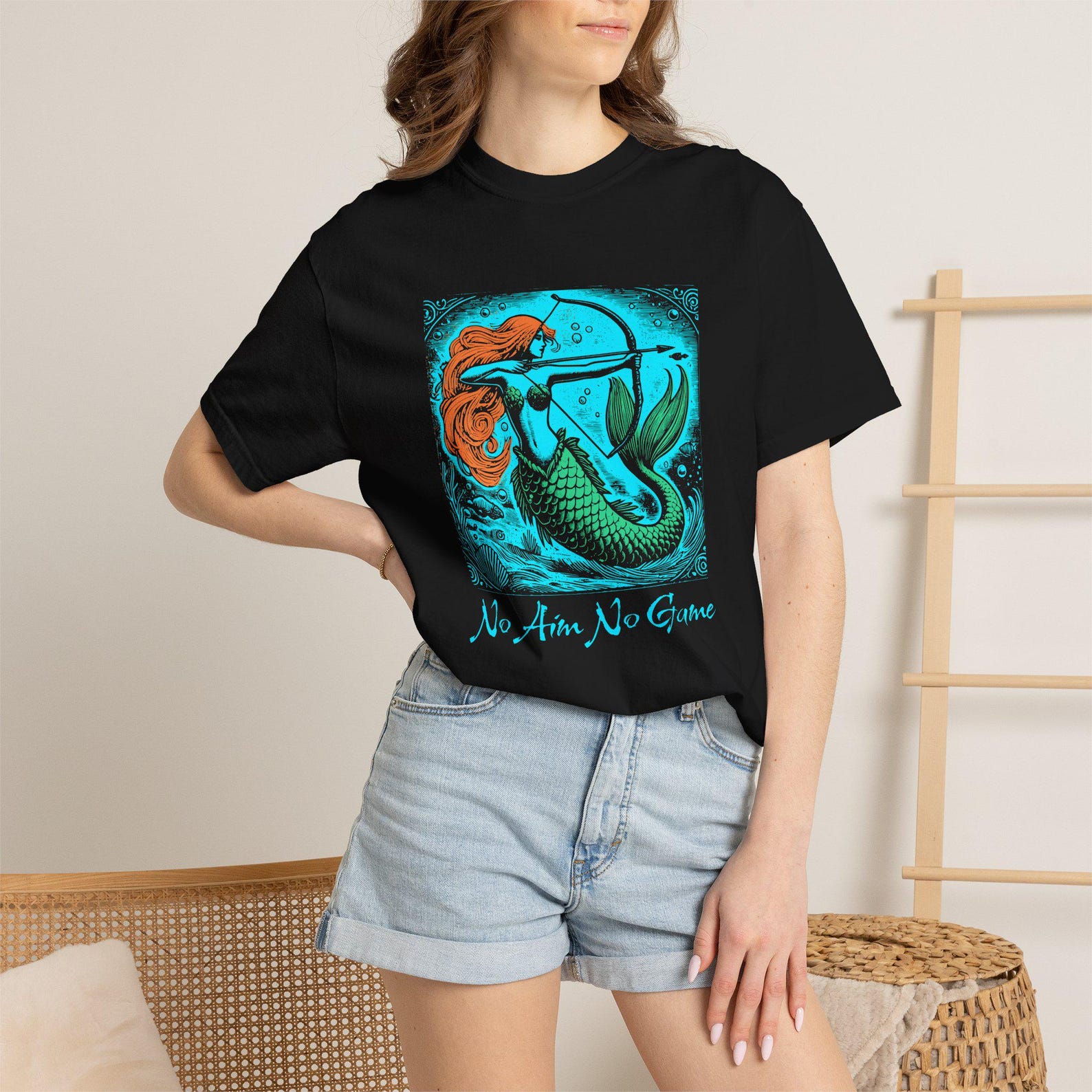 No Aim No Game Mermaid Archer T-shirt | Vintage Nautical Mythology Design M
