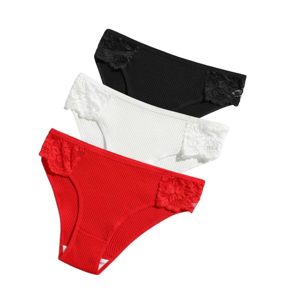 3Pcs/set Women Cotton Panties Low-Rise Underwear Patchwork Lace Briefs Female Soft Underpants Sexy Lingerie S-XL