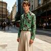 Men's collared loose-fitting long-sleeved shirt, floral print, flowy blouse, urban casual cardigan top.