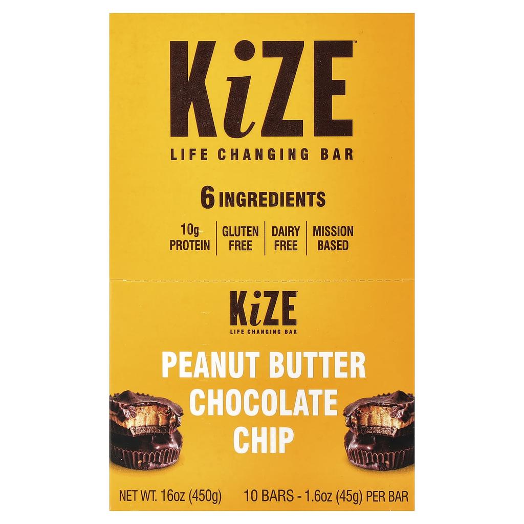 KiZE Life Changing Bar, Peanut Butter Chocolate Chip, 10 Bars, 45g (1.6oz) Each