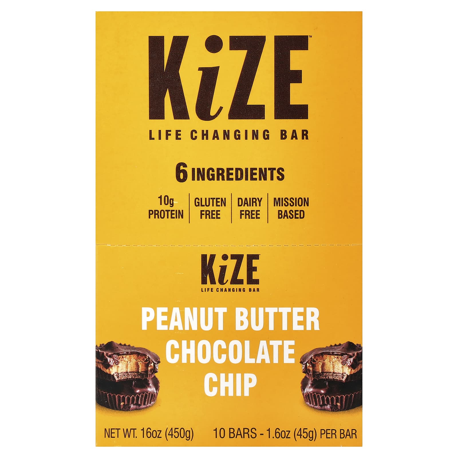 

KiZE Life Changing Bar, Арахісова паста з шоколадною крихтою, 10 батончиків, 45г (1,6 унції) Кожен