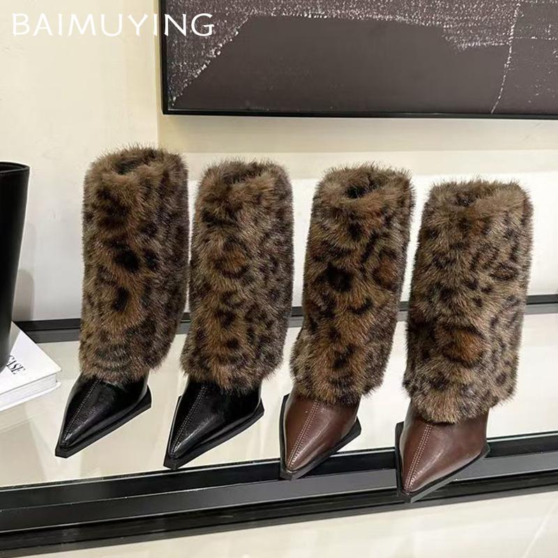 Leopard Fur Women Ankle Boots Pointed Toe Sexy High Heels Shoes 2025 Trend Fashion Leather Pumps Designer Winter Botas De Mujer