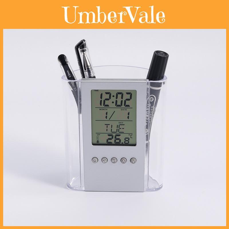 Acrylic Multifunction Pen Holder With Digital Calendar And Clock For Office Desk Organizer