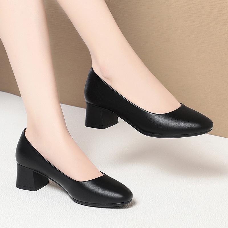 Soft leather work shoes women's thick heel professional black soft sole comfortable and non-slip middle heel