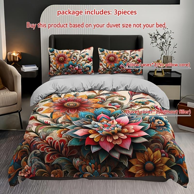 Bohemian Mandala Floral Bedding Set: 3Pcs (1 Duvet Cover + 2 Pillow Cases) - No Pillow Inserts Included, Christmas Present