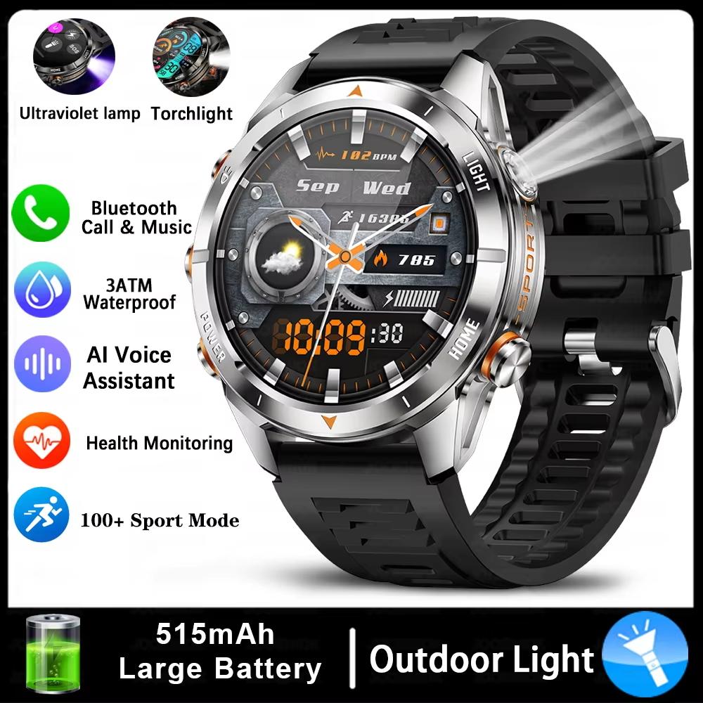 

New Sport Smart Watch Men 1.46 AMOLED Screen LED 10ATM Waterproof Flashlight 515mAh Battery Heart rate BT Call Smartwatch серебряный