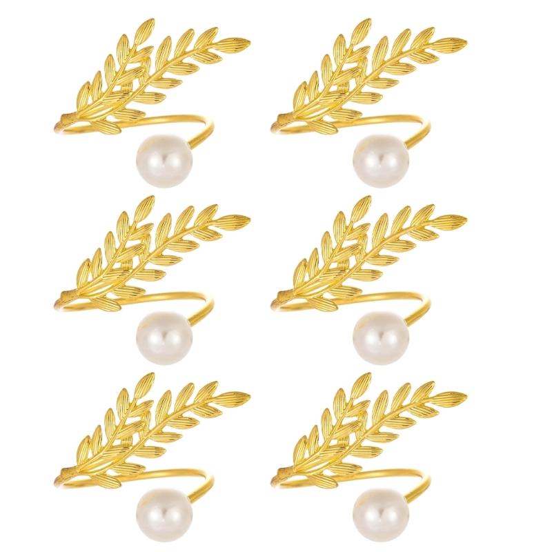 

6Pcs Decorative Tableware Accessories Metal Wheat Ear Napkins Rings with Pearls For Weddings Parties Home Dining Decors золотий