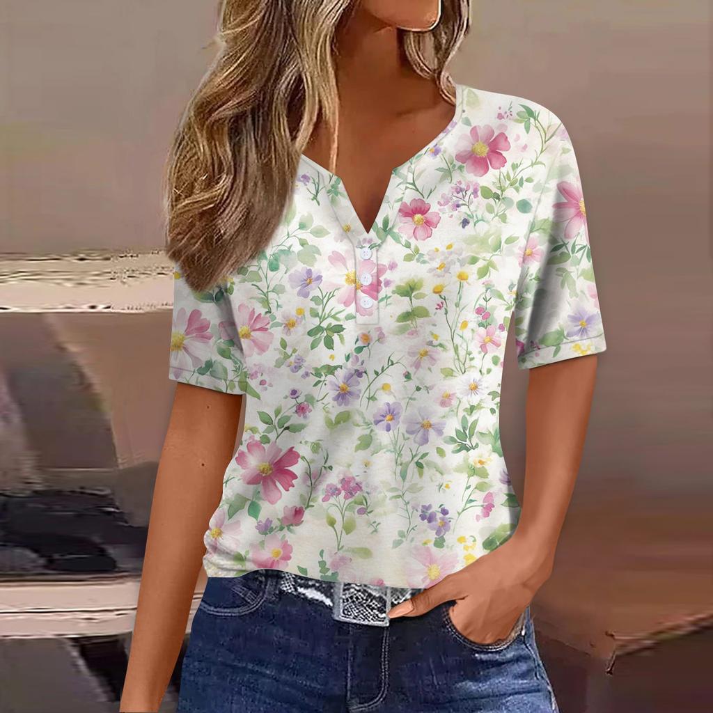 Women's T Shirt  Print Button Short Sleeve Daily Weekend Fashion Basic V- Neck Regular Top