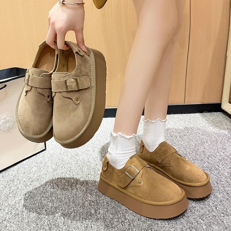 New Women's Pumps Round Toe Flat Shoes for Women Mid Heel Slip-on Loafers Outdoor Solid Color Platform Shoes Buckle Strap Flats