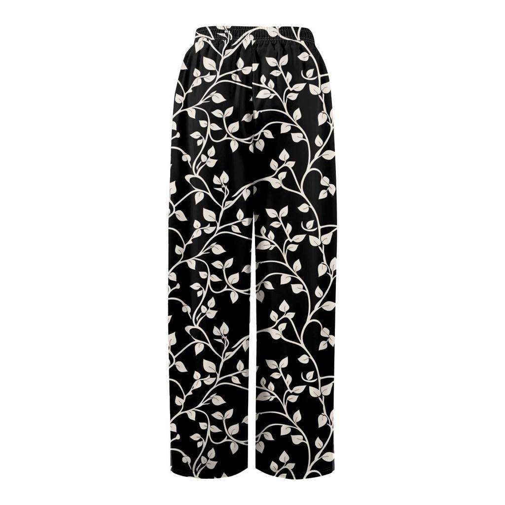 Damen Lockere Lässige Hose mit Blumenmuster, Weitem Bein, Elastischem Bund, Kordelzug und Taschen