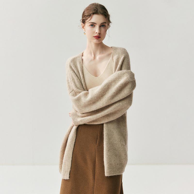 Women's Alpaca Cashmere Blend Collarless Cardigan - Thickened Long Sleeve Sweater for Fall/Winter