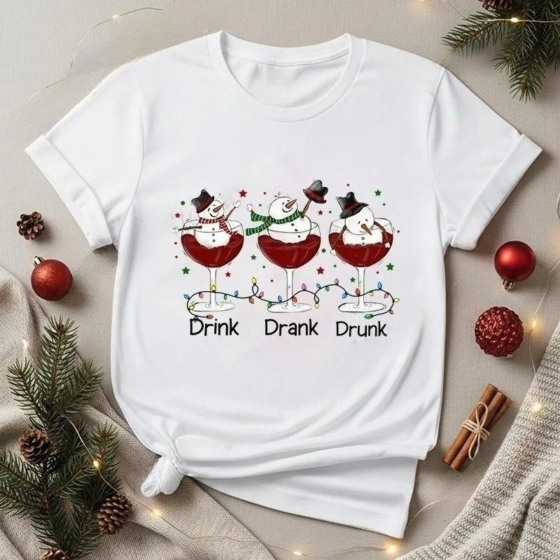 

Fashionable Christmas snowUnisex print pattern holiday Tshirt round neck short sleeved fashionable versatile Womens Tshirt S