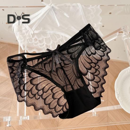 Women's Lace Thongs Low Waist See Through Panties with Bow Sexy Lace Mesh Briefs Ultra-Thin Breathable Bikini Underwear