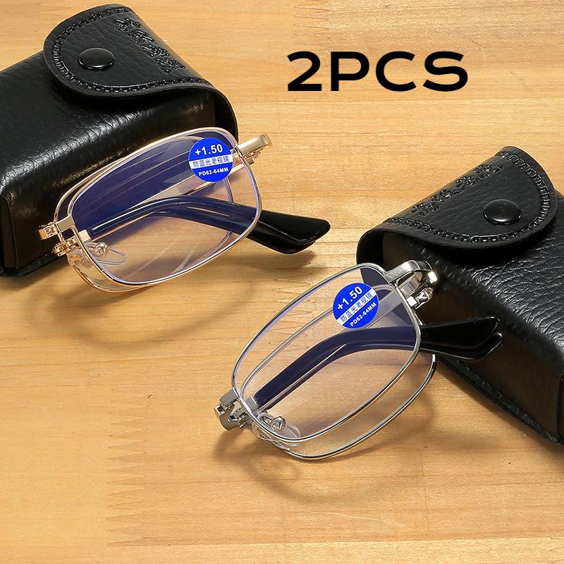 

2Pcs Fashion Portable Folding Reading Glasses Men Women Metal Frame Presbyopic Magnifying Glasses Male Female Eyewear With Case +1.0