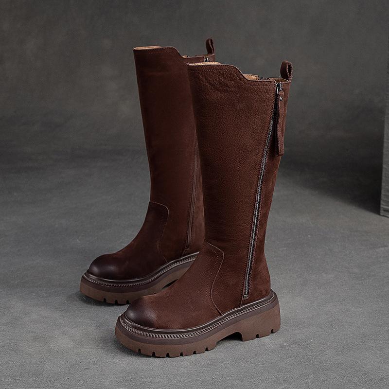 Johnature Retro High Boots Genuine Leather Fashion Side Zipper Knight Boots Thick Soled Women's Shoes