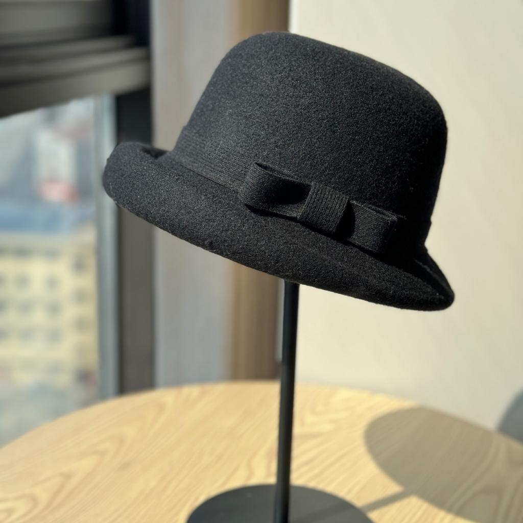 French High End Curled Woolen Mother's Hat for Women Retro Bow Fisherman Hat Autumn and Winter Rich Style Hat