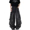 Unisex Deconstructed Ribbon Cargo Denim Jeans - Trendy Autumn Ripped Wide-Leg Multi-Pocket Style for High Street