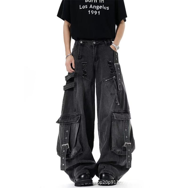 Unisex Deconstructed Ribbon Cargo Denim Jeans - Trendy Autumn Ripped Wide-Leg Multi-Pocket Style for High Street