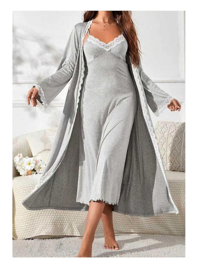 Elegant Milk Silk Lace Nightdress & Bathrobe Set - Sexy Two-Piece Pajamas