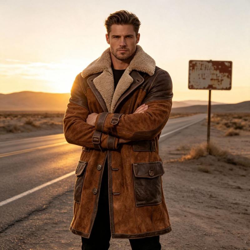 Mens Vintage Patchwork Suede Fleece Lined Thick Long Winter Jacket Coat