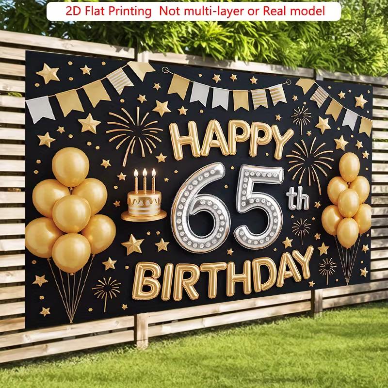 2D Black & Gold 65th Birthday Backdrop, Classic Themed 65th Birthday Photography Background