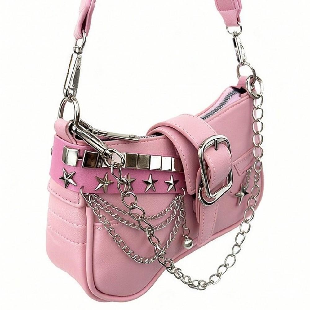 Vintage Y2K Schultertasche PU-Leder Silberne Kette Unterarmtasche Pendler Handtasche Damen