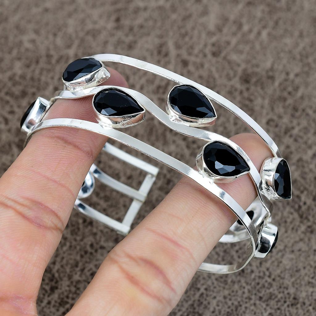 Black Spinel Gemstone Handmade 925 Sterling Silver Cuff Bangle Adjustable KKG-203