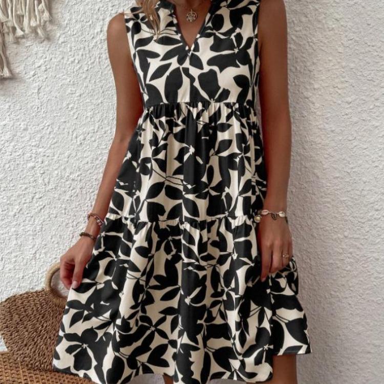 Fashion Bohemian Dress Women Printed V Loose Pleated Neck S чёрный