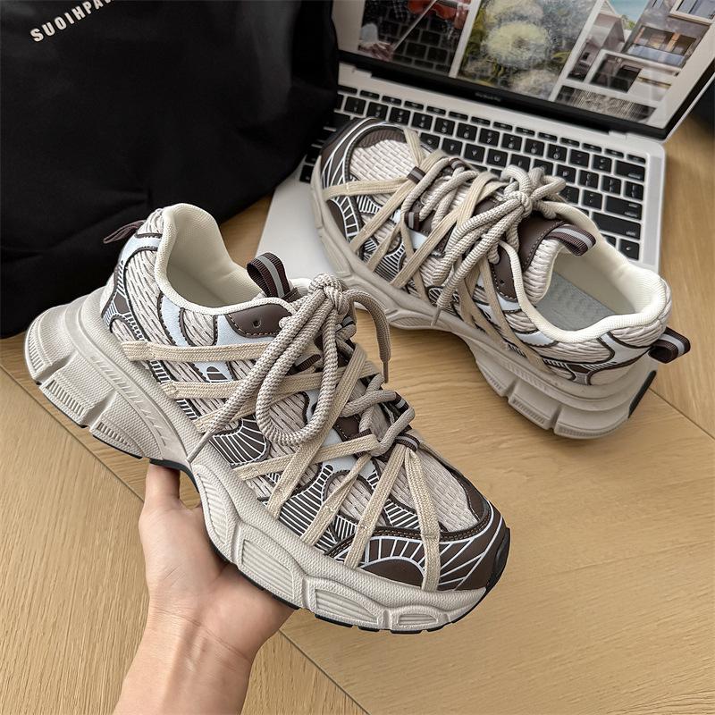 

Men s 2025 Korean Lace-Up Distressed Sneakers: Lightweight, Breathable, Height-Increasing, Thick-Soled Dad Shoes for Spring/Summer 41 кофейный