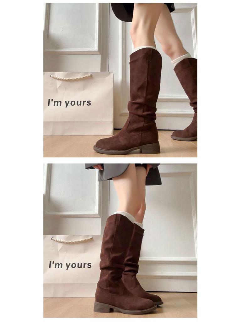 Damskor Mocka Vintage Rynkade Höga Stövelskaft - Wasteland-stil, Mångsidiga Staplade Långskaftade Stövlar för Vår och Höst 2025