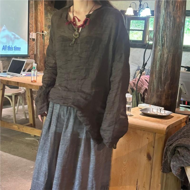 Johnature Woman Winter Niche Solid Color Casual Vintage T-Shirt Fashion V-Neck Casual Long Sleeves T-Shirt