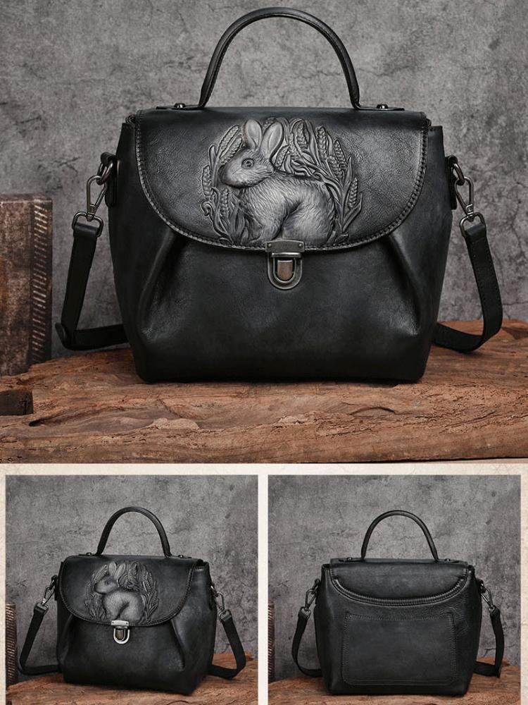 Johnature Rabbit Embossed Handbag Genuine Leather Retro Women Bag Versatile Real Cowhide Handmade Shoulder Bags