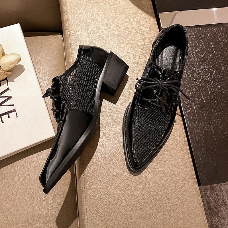 Fashion 2025 Spring Net Cloth Oxfords Women Shoes Lace-Up Ladies Brogue Flat Derby Shoes Pointed Toe Lace-up Heels Women Shoes for Women