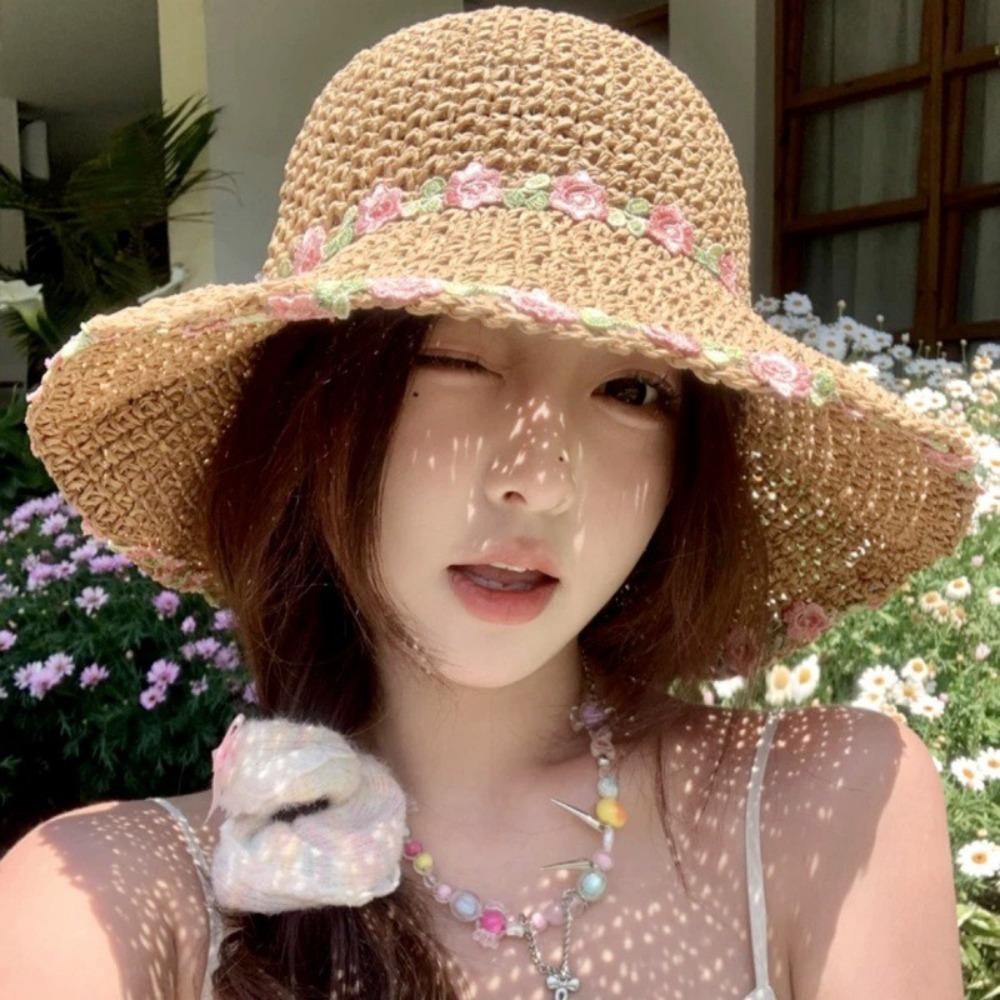 Solid Color Women Visor Bucket Hat Large Brim Beach Hat Fashion Flower Straw Hat  Seaside Vacation