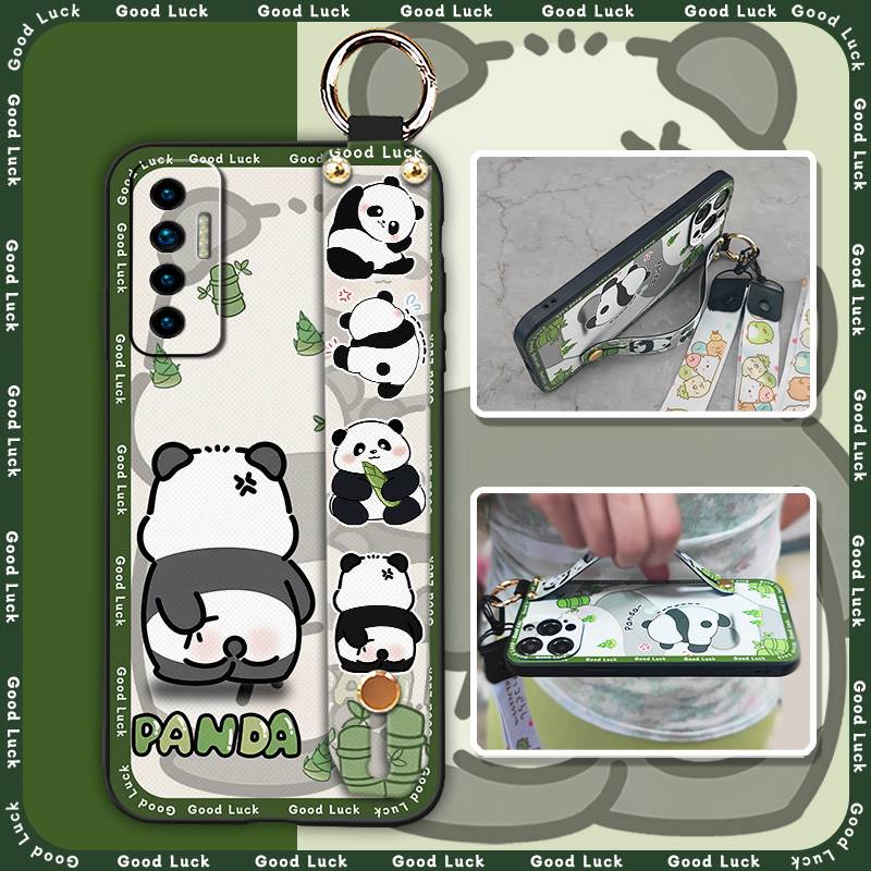 Fashion Design Cute Phone Case For Tecno Camon17P Phone Holder Cartoon Back Cover Shockproof Panda Silicone Ring Lanyard