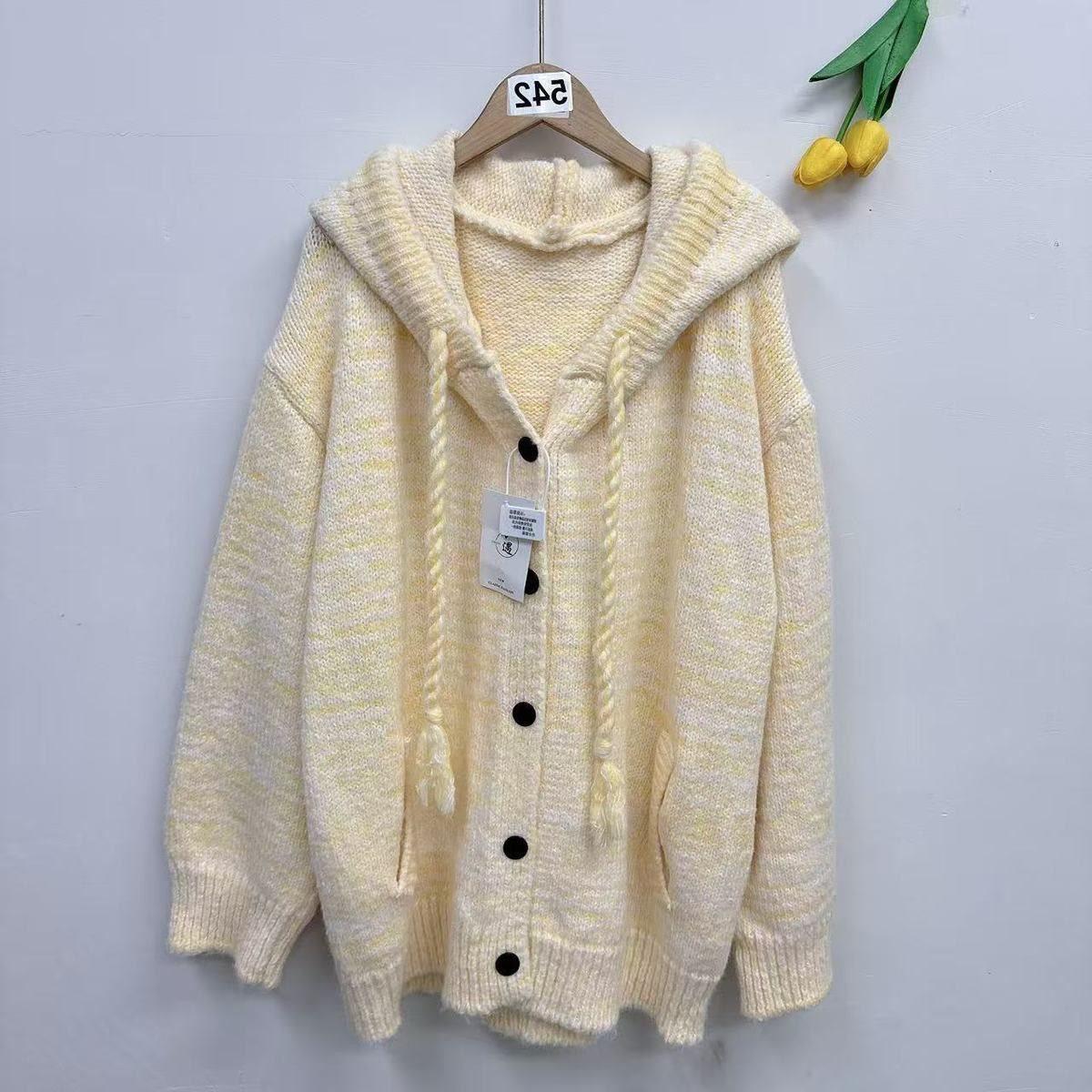 

Вязаный кардиган с капюшоном в корейском стиле - Женский свободный осенний свитер-пальто XL【Premium Quality】Length 70, fits 65-72 kg