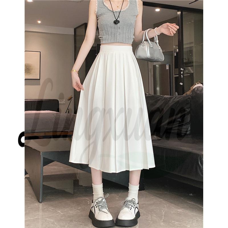 Chic Summer Pleated A-Line Skirt - Plus Size, Age-Reducing, Solid Color, Mid-Length