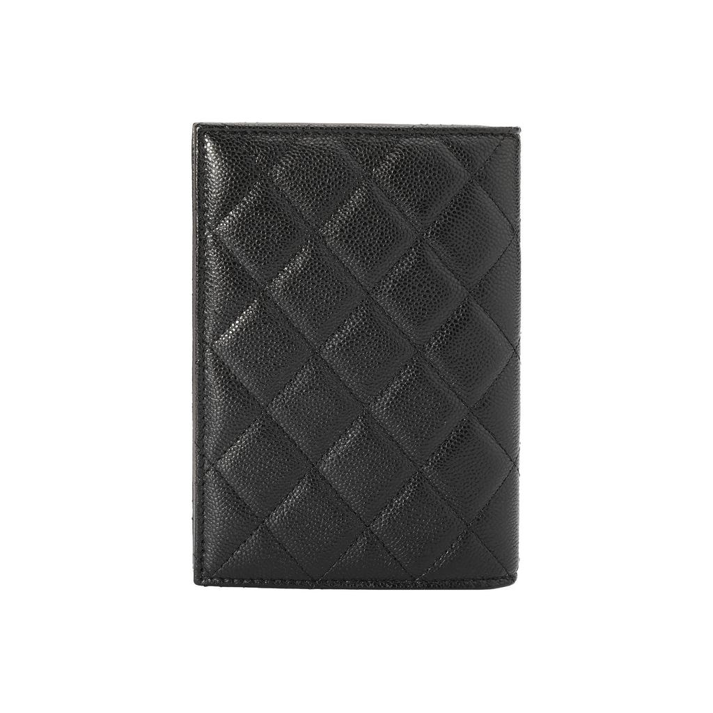 CHANEL 23B Gold Label Logo Diamonds Pattern Grainy Litchi Leather Passport Holder Card Holder Bag for Women Black