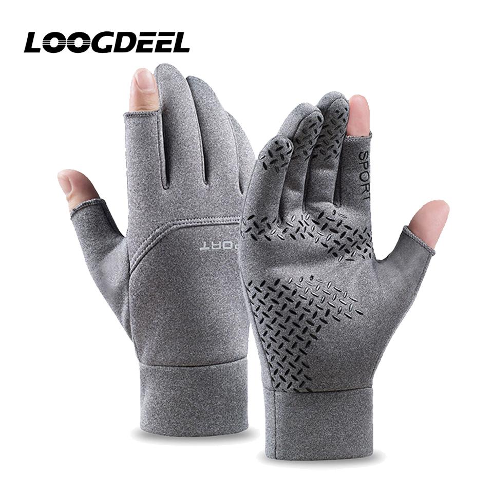Loogdeel Winter Cycling Gloves Women Anti Slip Touch Screen Fishing Sports Two Fingers Cut Warm Gloves For Men