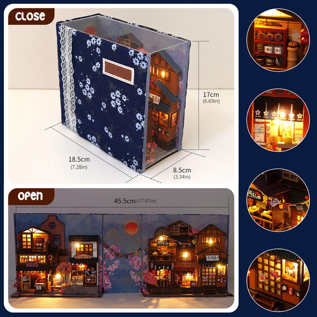 Cherry Sakura 3D Wooden Puzzle Bookend DIY Book Nook Kit with LED Light Shelf Insert Alley Miniature Dollhouse Model Buildings