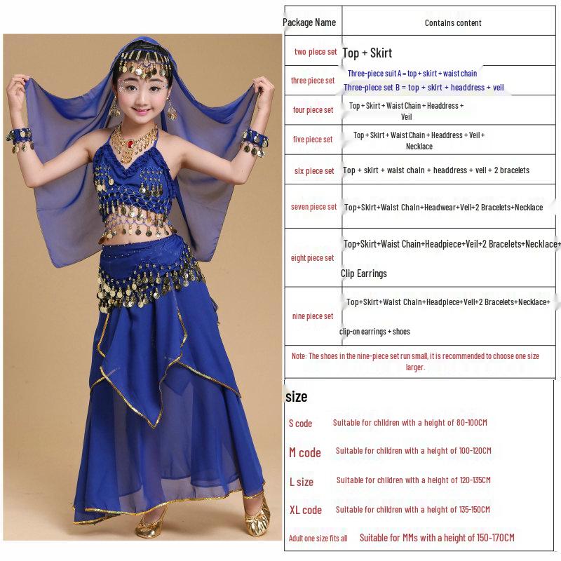 

Дитячий індійський танцювальний костюм - Наряд для танцю живота та етнічних виступів для дівчаток XL = Suitable for 135-150cm