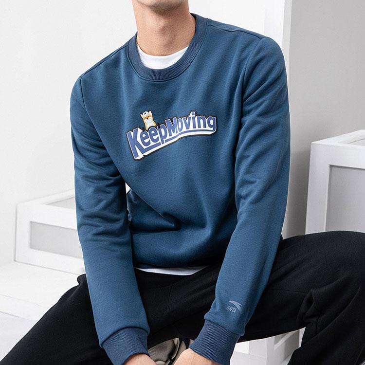 Anta Cartoon Embroidered Fleece Warm Round Neck Sports Sweatshirt Men Sweatshirt Deep-Abyss-Blue 952148708W-3