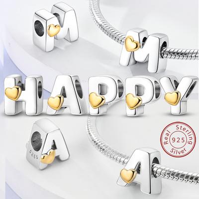 925 Sterling Silver 26 A-Z Alphabet Letter Heart Love Charm Bead for DIY Bracelet Jewelry Making