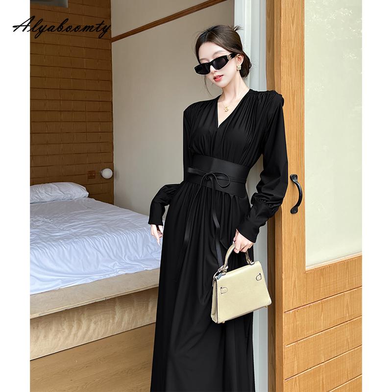 European Style Autumn Winter Women Maxi Long Party Dress V Neck Brown Black Dress+Croset Gorgeous Elegant Feminine Ladies' Gown Dress