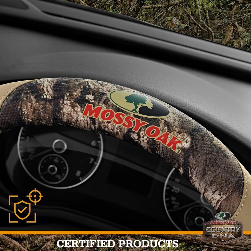 Mossy Oak Full Camo Steering Wheel Cover - Made From Premium Leather, Universal Fit For 14 1/2 To 15 Inches - Official Licensed Product - Beige Color