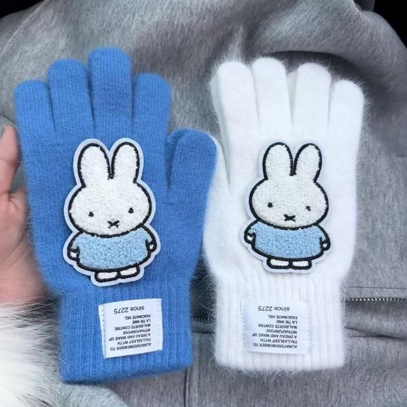 Miffy Rabbit sea salt blue bone girly gloves, cute plush and faux mink, warm split-finger gloves for women