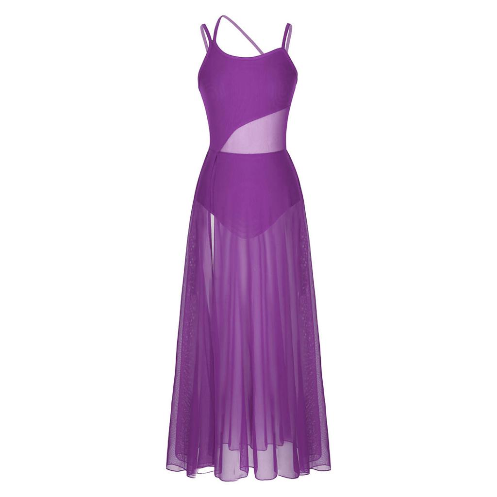 Dance Costume Practice Wear Mesh Splice Asymmetrical Mesh Maxi Dance Dress with Built-In Leotard