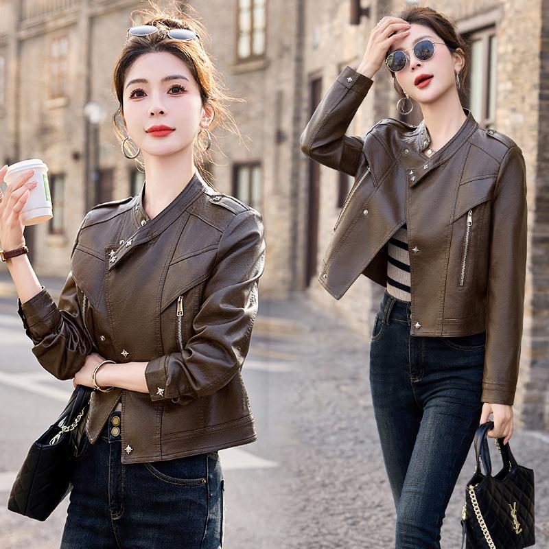 

Женская кожаная куртка с воротником-стойкой, новая маленькая приталенная тонкая мотоциклетная кожаная куртка топ для весны и осени L