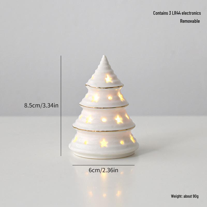 Ceramic Christmas Tree Night Light with Gold-Edged Hollow Stars & Snowflakes - Home Festival Decoration